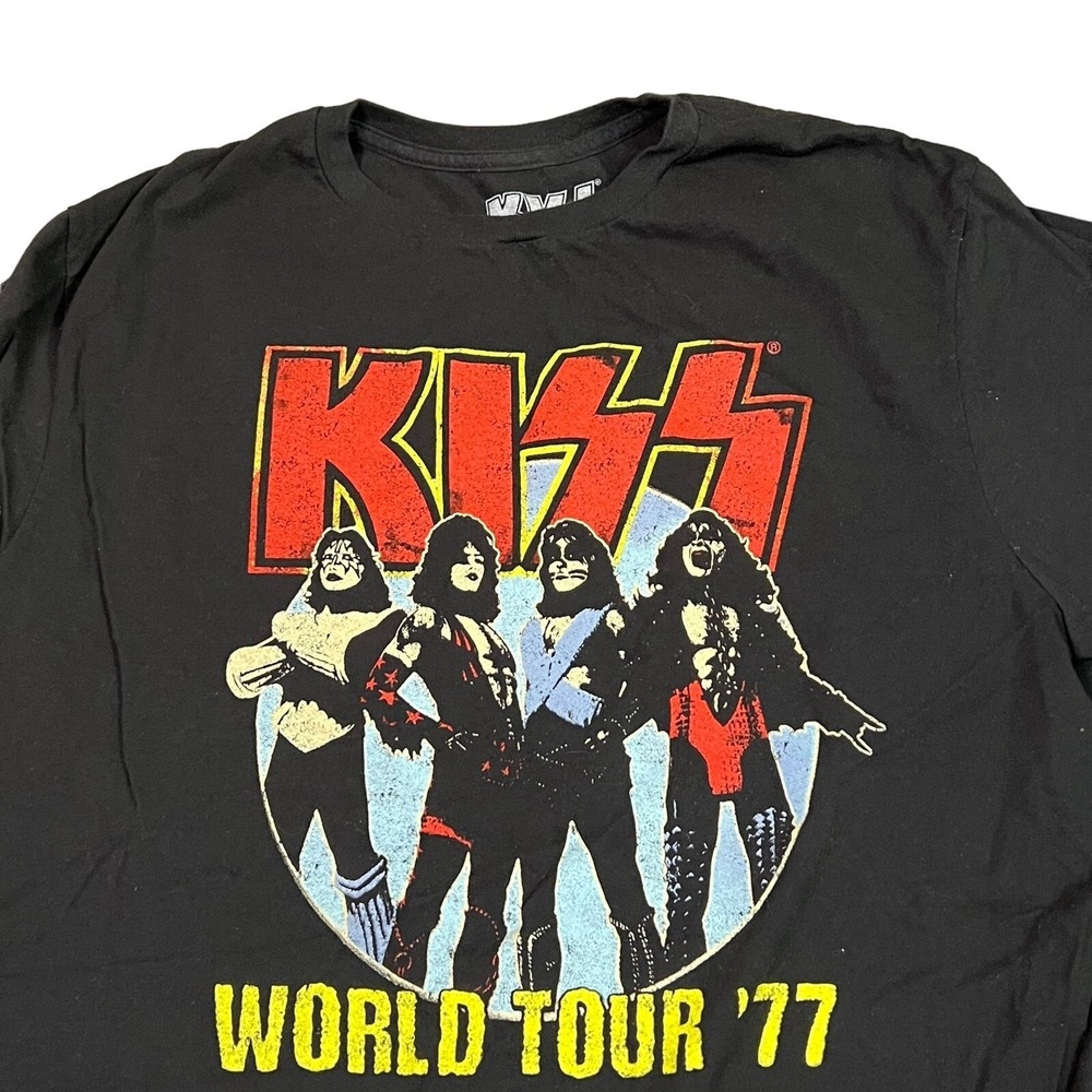 KISS T-Shirt Mens Large Black 1977 World Tour Rock Concert Gene Simmons
